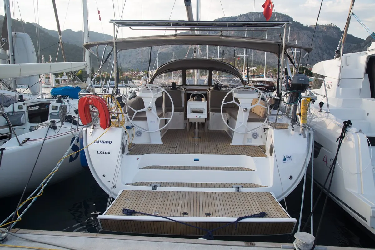 Exterior view of Bamboo, a Bavaria Cruiser 51 sailboat at Marmaris, Turkey