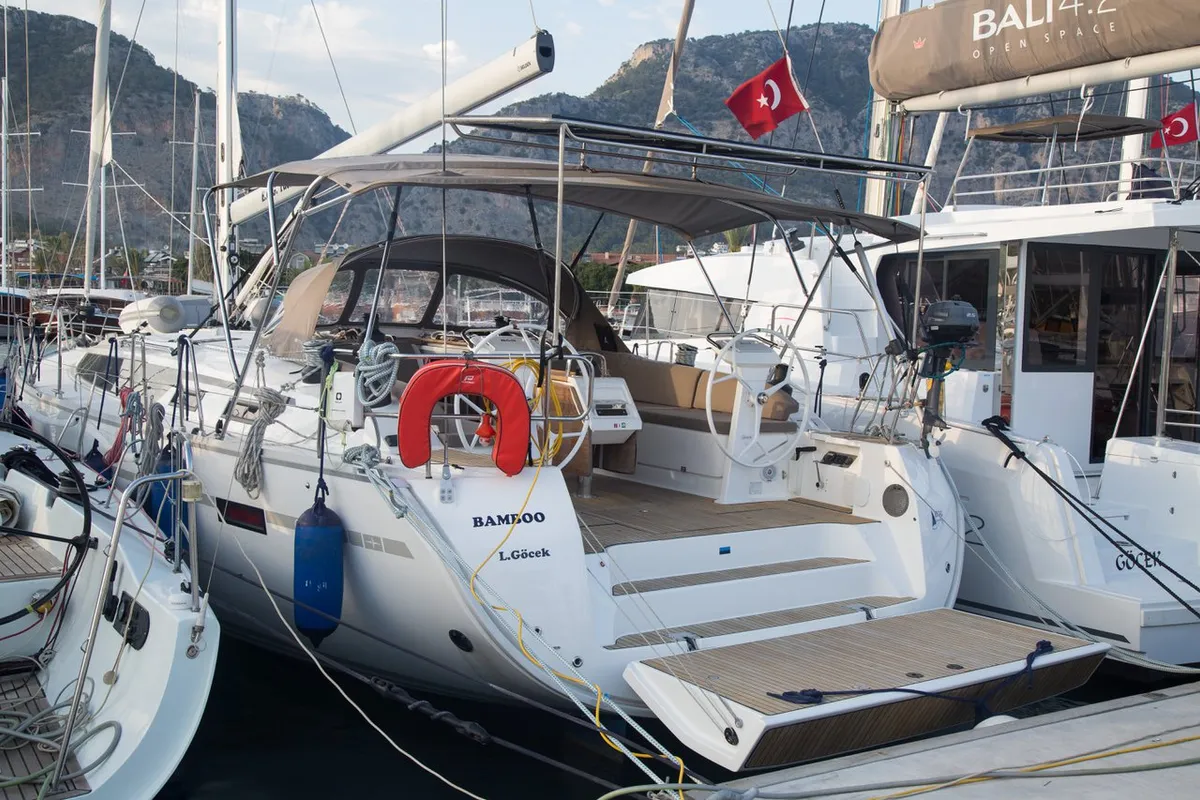 Exterior view of Bamboo, a Bavaria Cruiser 51 sailboat at Marmaris, Turkey
