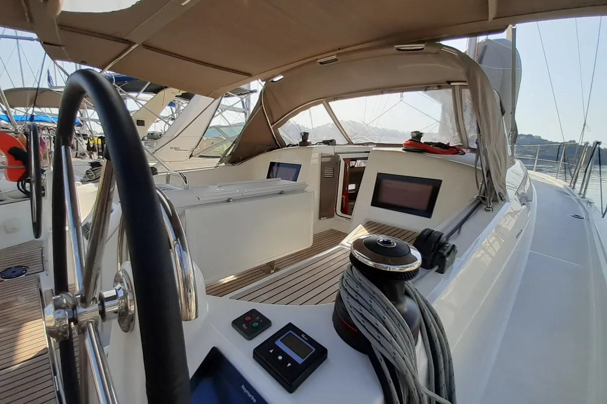 Cockpit of Kymothoe, a Jeanneau Sun Odyssey 410 sailboat at Volos Municipality, Greece