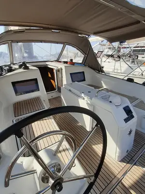 Cockpit of Kymothoe, a Jeanneau Sun Odyssey 410 sailboat at Volos Municipality, Greece