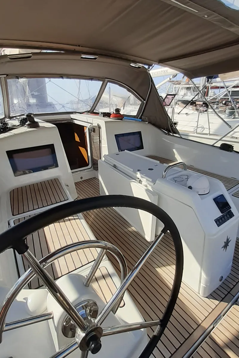Cockpit of Kymothoe, a Jeanneau Sun Odyssey 410 sailboat at Volos Municipality, Greece