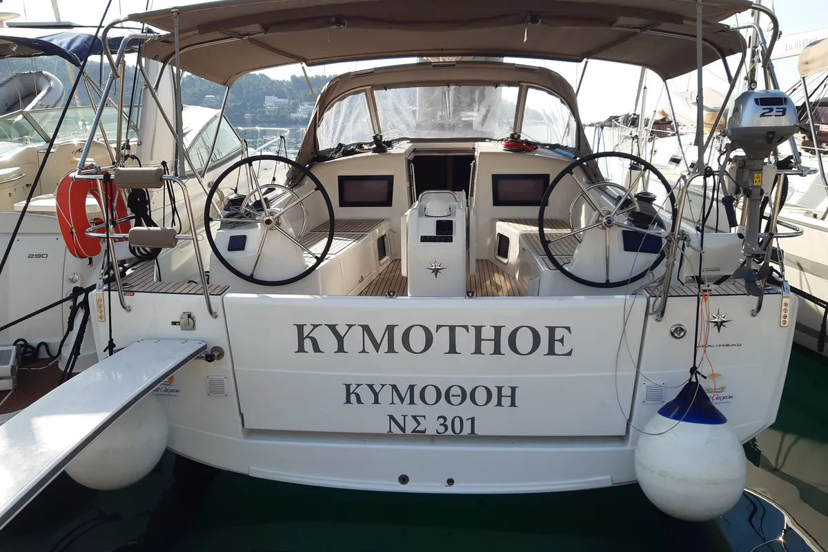 Exterior view of Kymothoe, a Jeanneau Sun Odyssey 410 sailboat at Volos Municipality, Greece