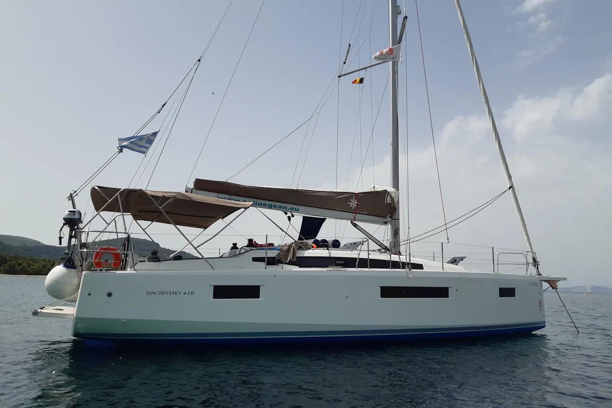 Exterior view of Kymothoe, a Jeanneau Sun Odyssey 410 sailboat at Volos Municipality, Greece