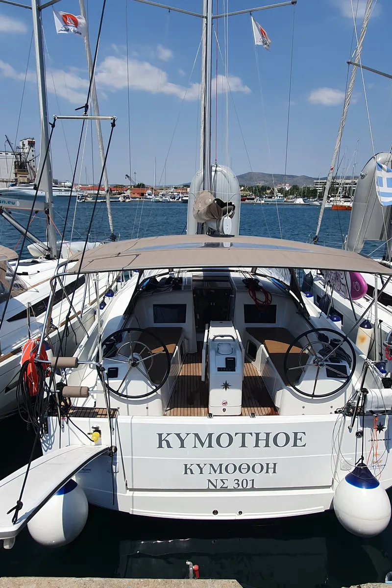 Exterior view of Kymothoe, a Jeanneau Sun Odyssey 410 sailboat at Volos Municipality, Greece