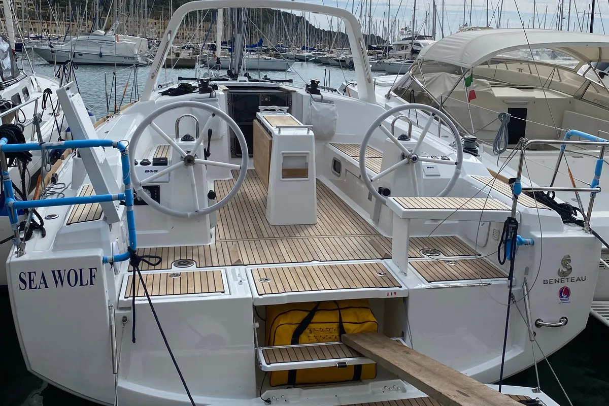 Cockpit of Sea Wolf, a Beneteau Oceanis 38.1 sailboat at Punta Ala, Italy