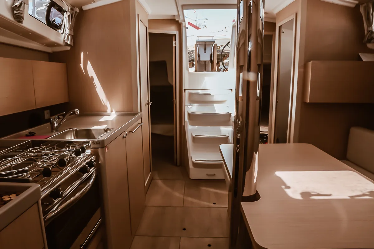 Galley of Sea Wolf, a Beneteau Oceanis 38.1 sailboat at Punta Ala, Italy