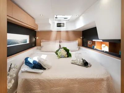 Cabin on Diva - Skippered, a Dufour Catamaran 48 catamaran at Athens, Greece