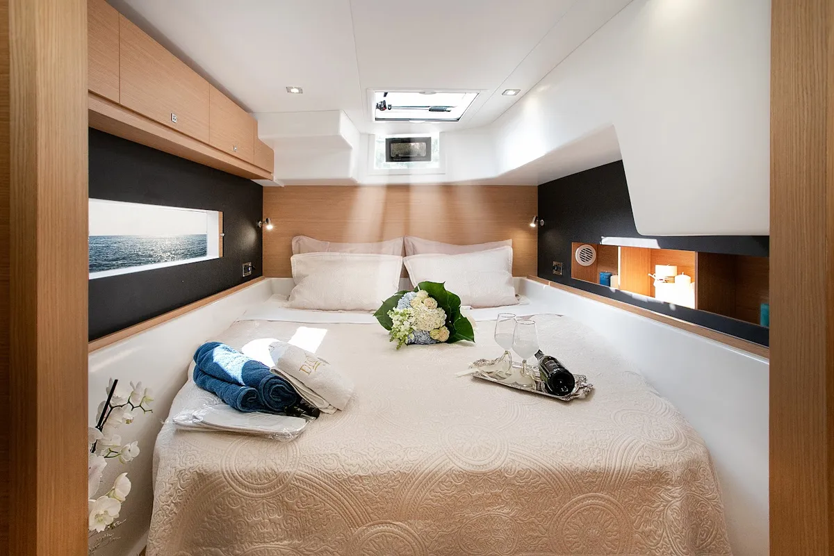 Cabin on Diva - Skippered, a Dufour Catamaran 48 catamaran at Athens, Greece