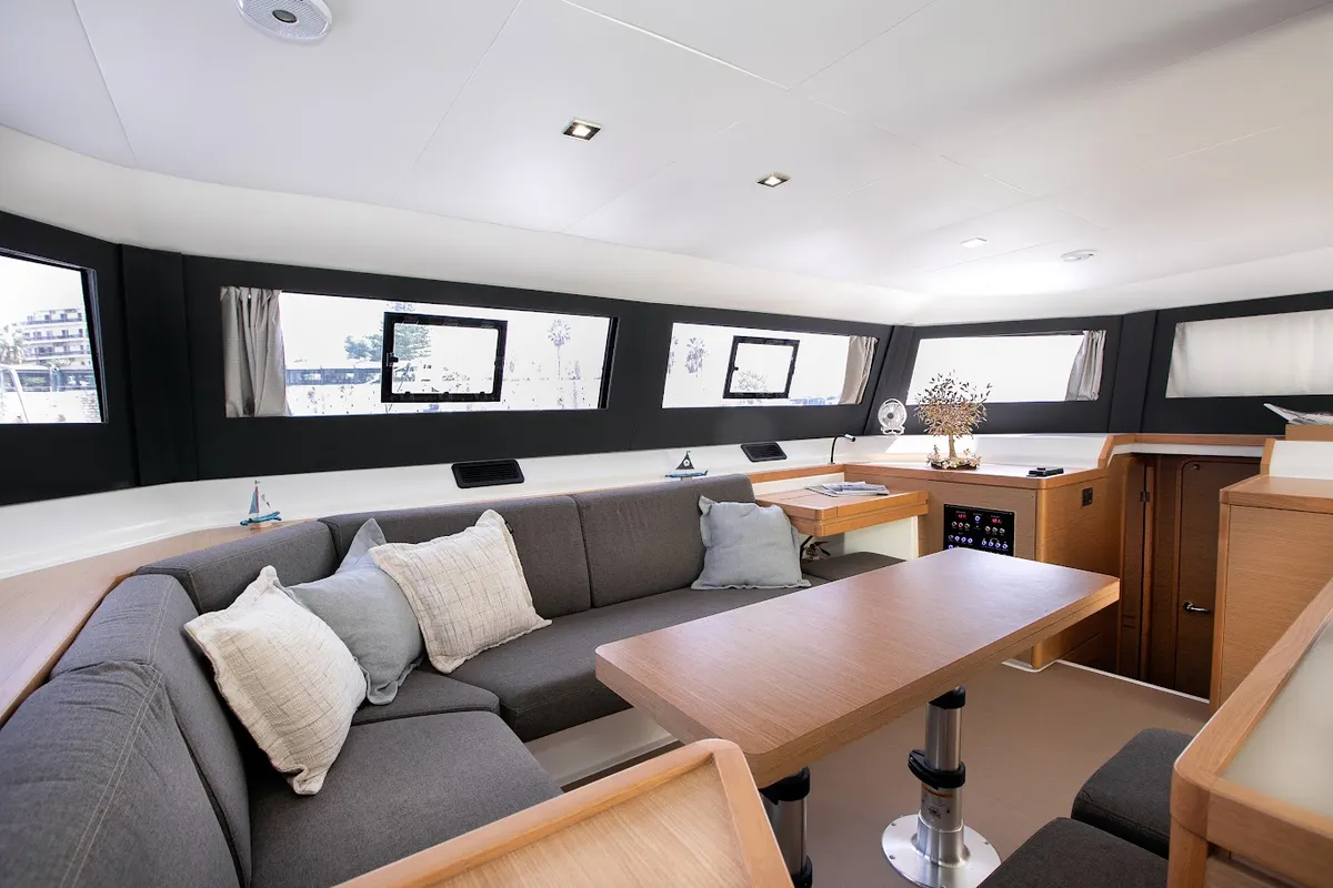 Salon of Diva - Skippered, a Dufour Catamaran 48 catamaran at Athens, Greece