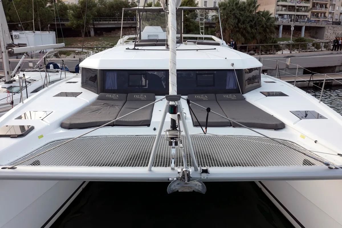 Deck of Diva - Skippered, a Dufour Catamaran 48 catamaran at Athens, Greece