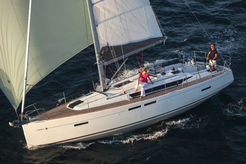 Exterior view of Kinthia, a Jeanneau Sun Odyssey 419 sailboat at Thessaloniki, Greece