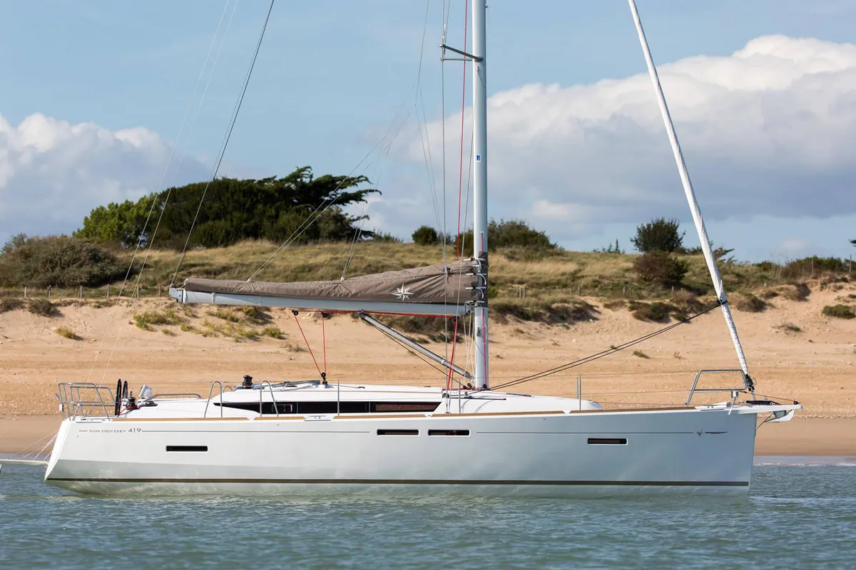 Exterior view of Kinthia, a Jeanneau Sun Odyssey 419 sailboat at Thessaloniki, Greece