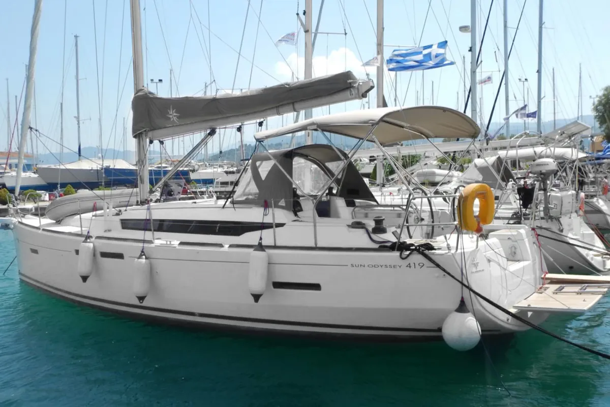 Exterior view of Kinthia, a Jeanneau Sun Odyssey 419 sailboat at Thessaloniki, Greece