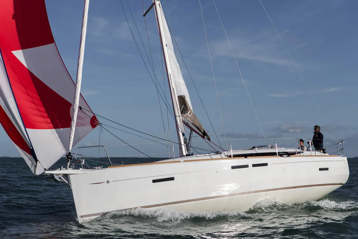 Exterior view of Kinthia, a Jeanneau Sun Odyssey 419 sailboat at Thessaloniki, Greece