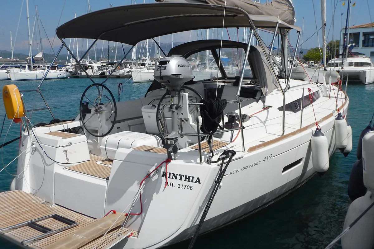 Exterior view of Kinthia, a Jeanneau Sun Odyssey 419 sailboat at Thessaloniki, Greece