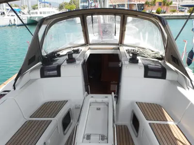 Cockpit of Kinthia, a Jeanneau Sun Odyssey 419 sailboat at Thessaloniki, Greece