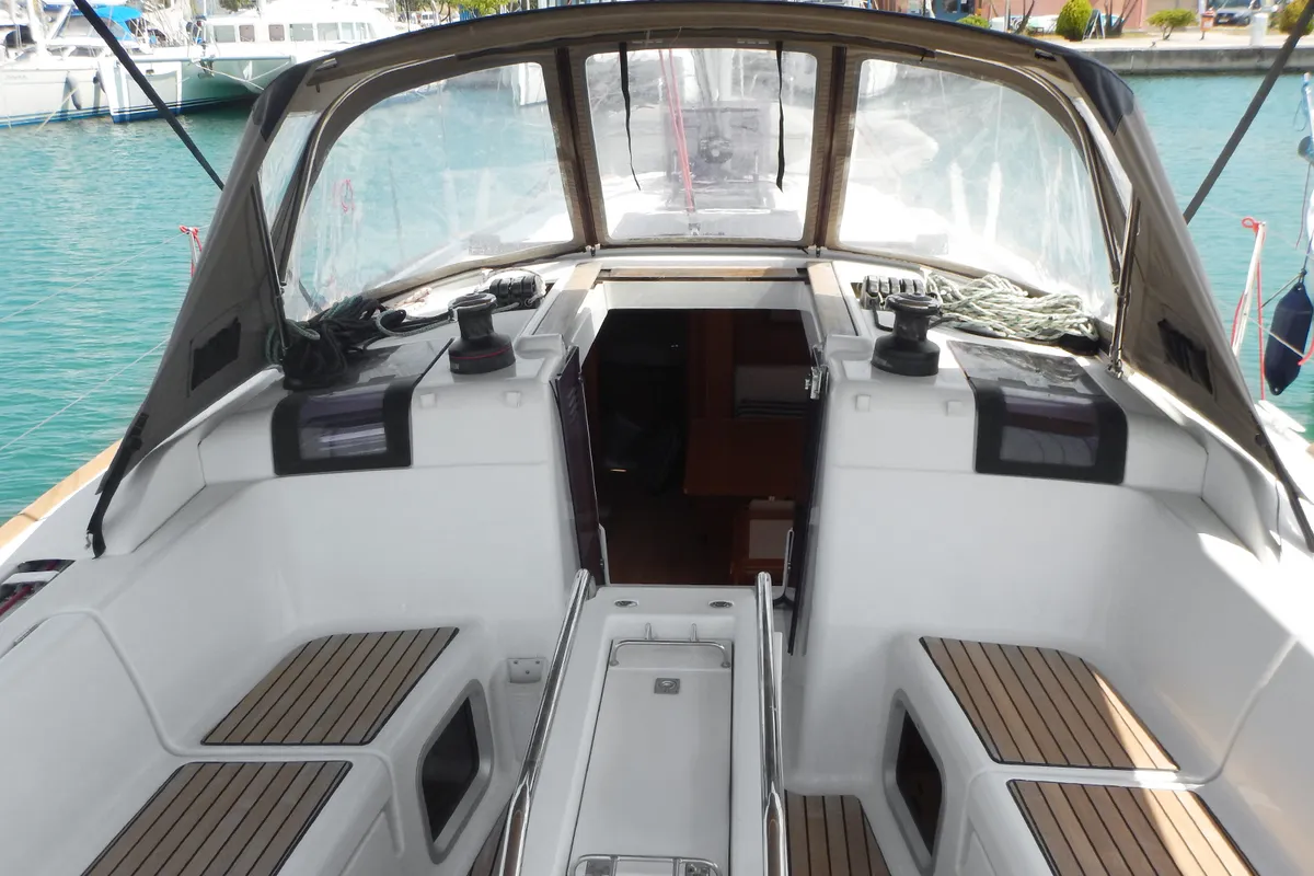 Cockpit of Kinthia, a Jeanneau Sun Odyssey 419 sailboat at Thessaloniki, Greece