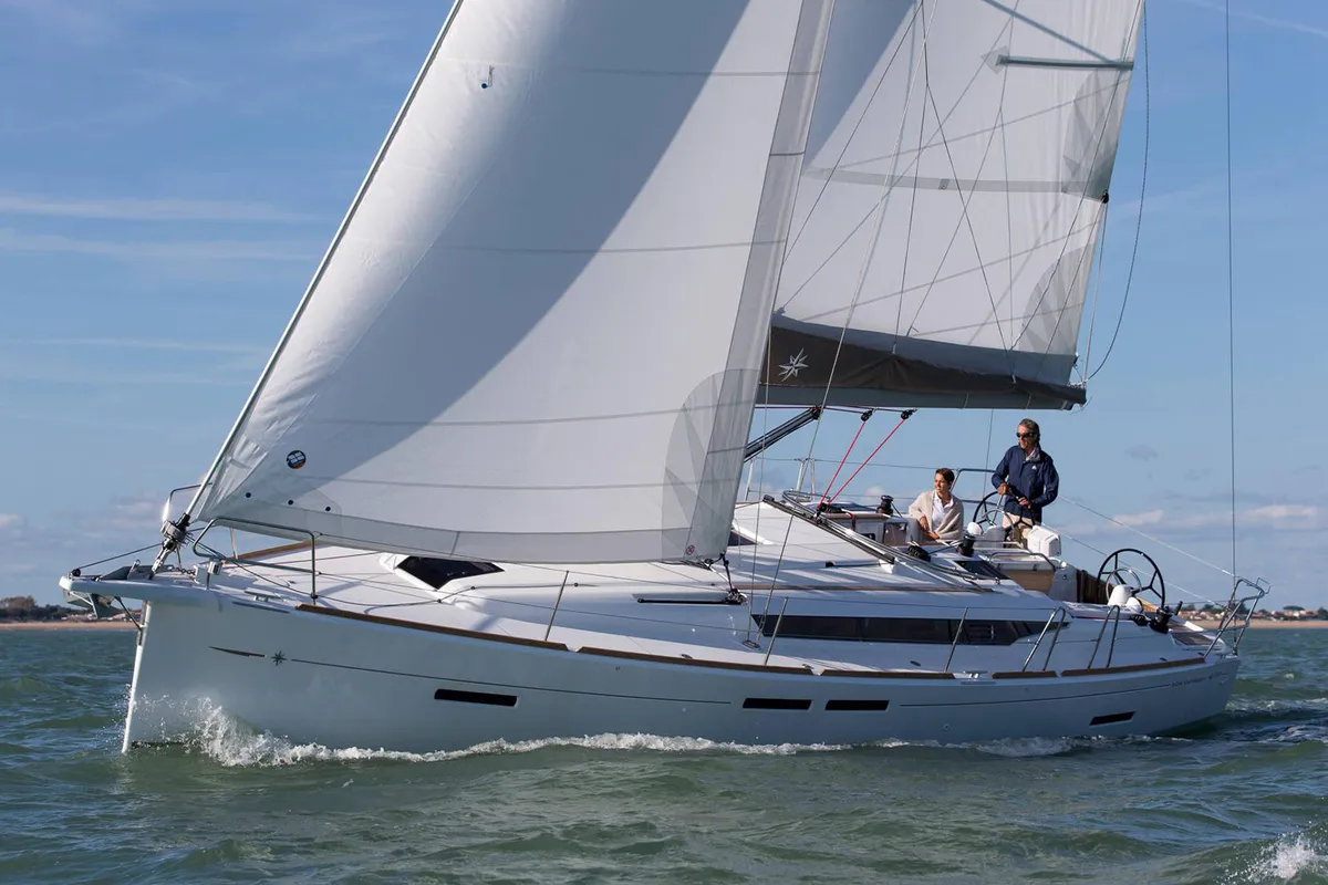 Exterior view of Kinthia, a Jeanneau Sun Odyssey 419 sailboat at Thessaloniki, Greece