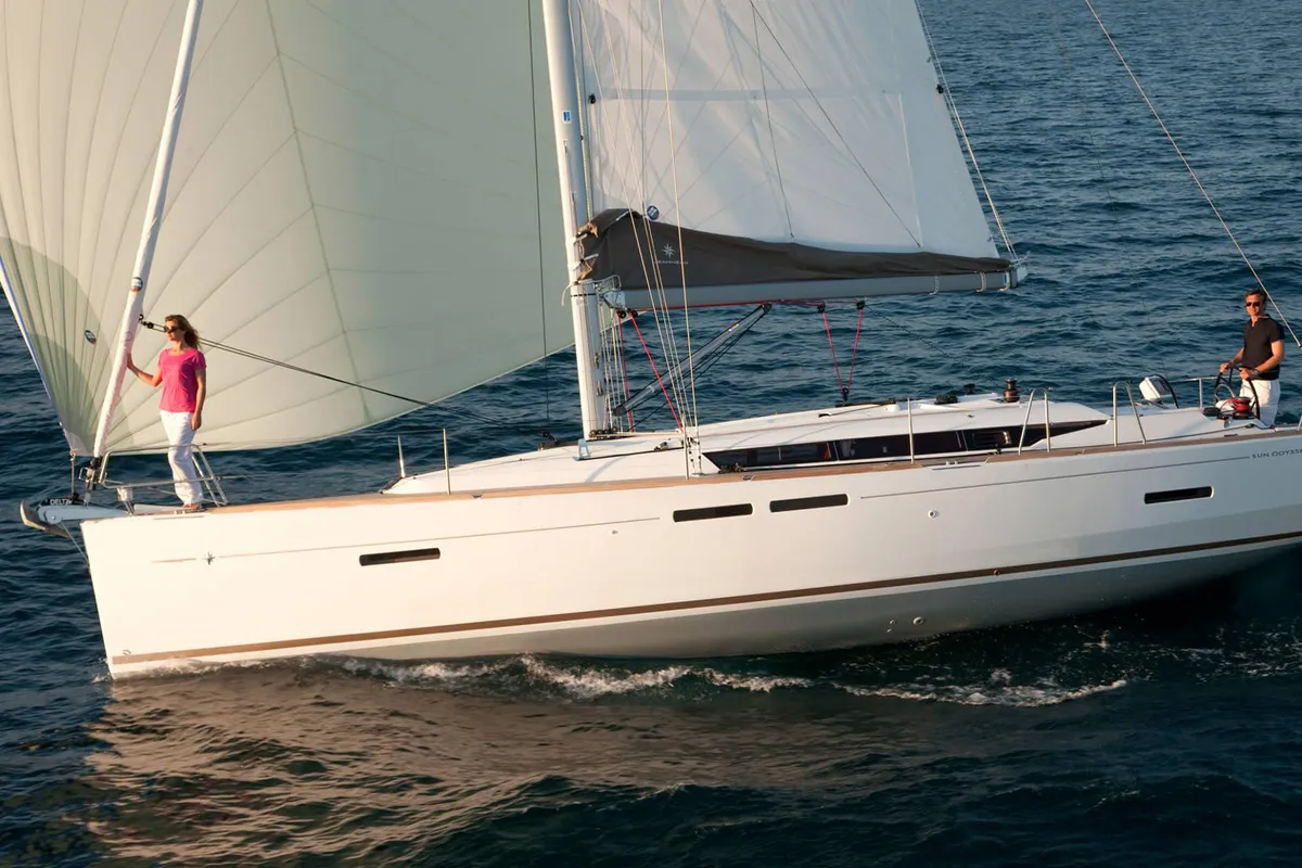 Exterior view of Kinthia, a Jeanneau Sun Odyssey 419 sailboat at Thessaloniki, Greece