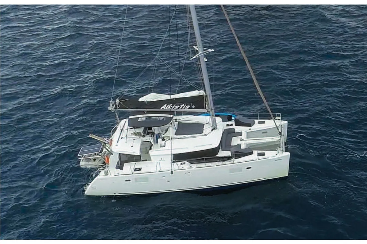 Exterior view of ALKISTIS, a Lagoon 450 Fly catamaran at Athens, Greece