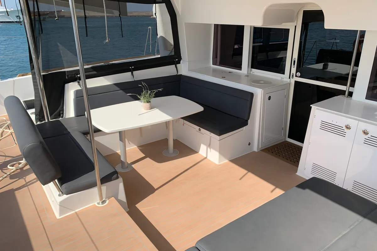 Deck of ALKISTIS, a Lagoon 450 Fly catamaran at Athens, Greece