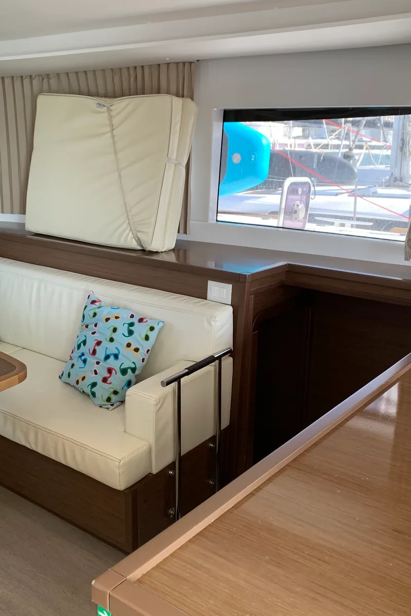 Salon of ALKISTIS, a Lagoon 450 Fly catamaran at Athens, Greece