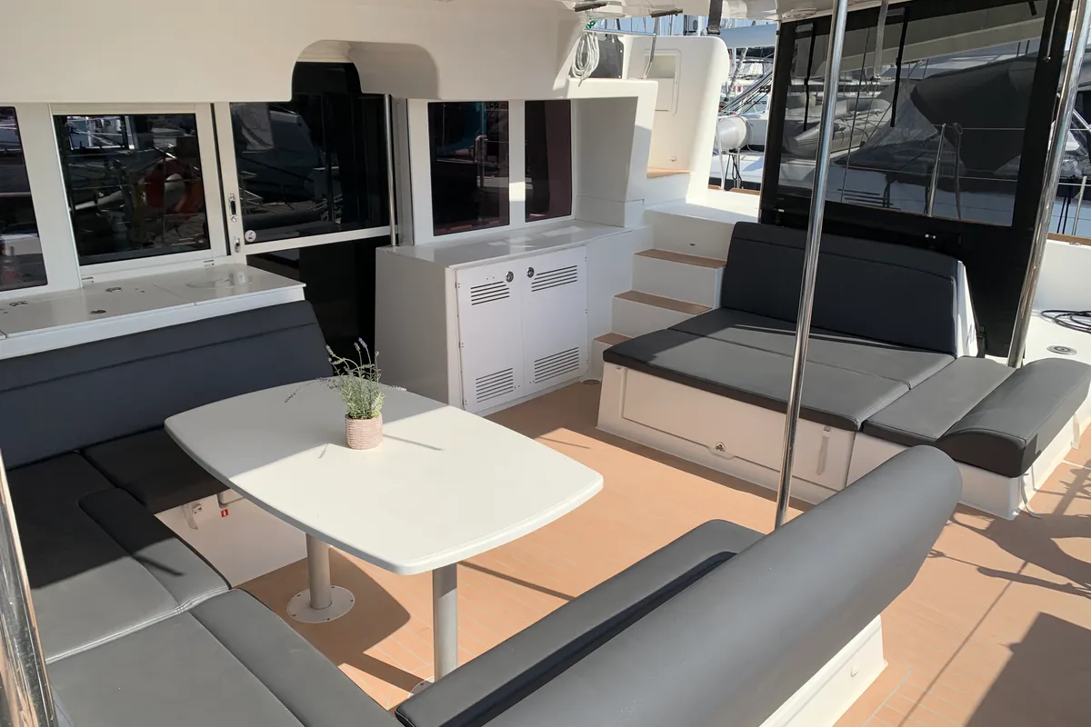 Deck of ALKISTIS, a Lagoon 450 Fly catamaran at Athens, Greece