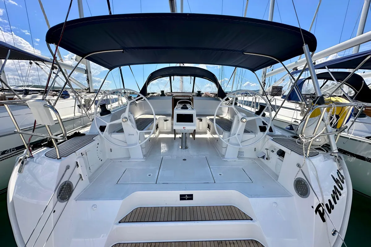 Cockpit of Pumba, a Bavaria Cruiser 46 sailboat at Sukošan, Croatia