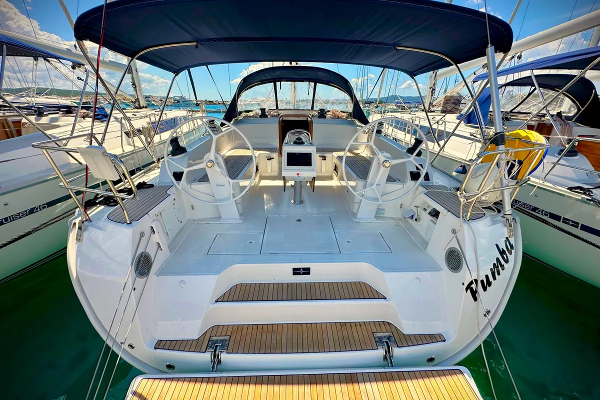 Cockpit of Pumba, a Bavaria Cruiser 46 sailboat at Sukošan, Croatia