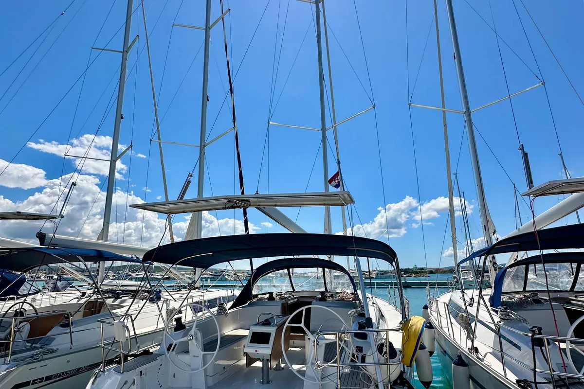 Exterior view of Pumba, a Bavaria Cruiser 46 sailboat at Sukošan, Croatia