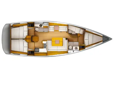 Floor plan of Canne Bleue, a Jeanneau Sun Odyssey 449 sailboat at Kos, Greece
