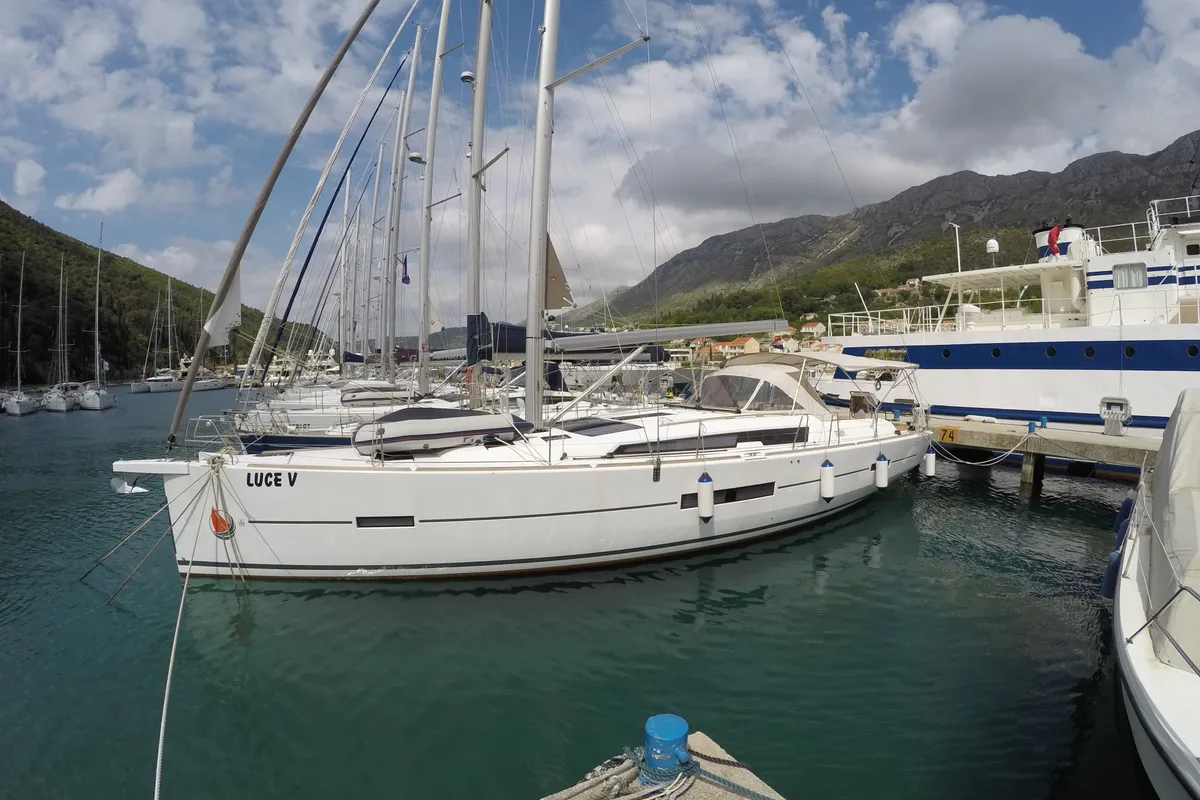 Exterior view of Luce, a Dufour 512 Grand Large sailboat at Dubrovnik, Croatia