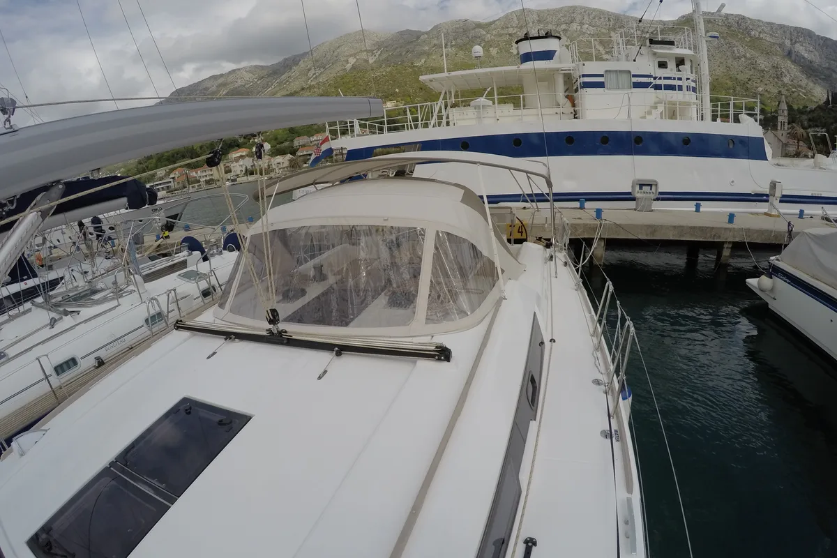 Exterior view of Luce, a Dufour 512 Grand Large sailboat at Dubrovnik, Croatia