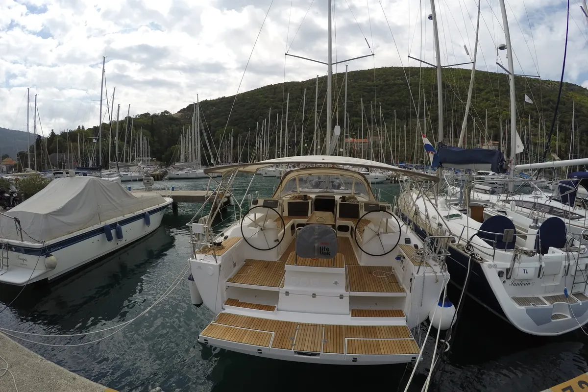 Exterior view of Luce, a Dufour 512 Grand Large sailboat at Dubrovnik, Croatia