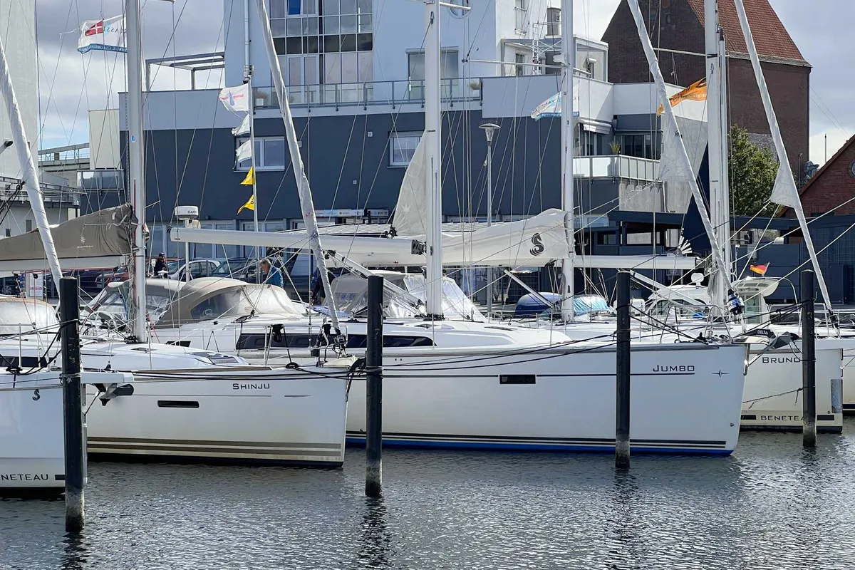 Exterior view of Jumbo, a Bavaria Cruiser 51 sailboat at Heiligenhafen, Germany