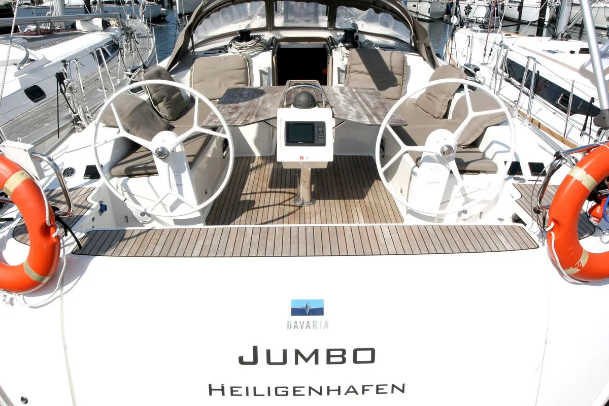 Cockpit of Jumbo, a Bavaria Cruiser 51 sailboat at Heiligenhafen, Germany
