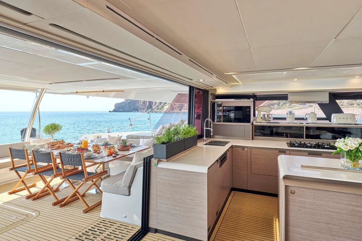 Stephanie, a Fountaine Pajot Alegria 67 catamaran at Municipal Unit of Nea Peramos, Greece