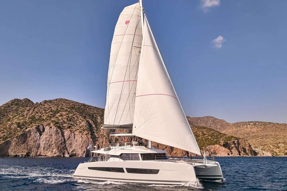 Stephanie, a Fountaine Pajot Alegria 67 catamaran at Municipal Unit of Nea Peramos, Greece