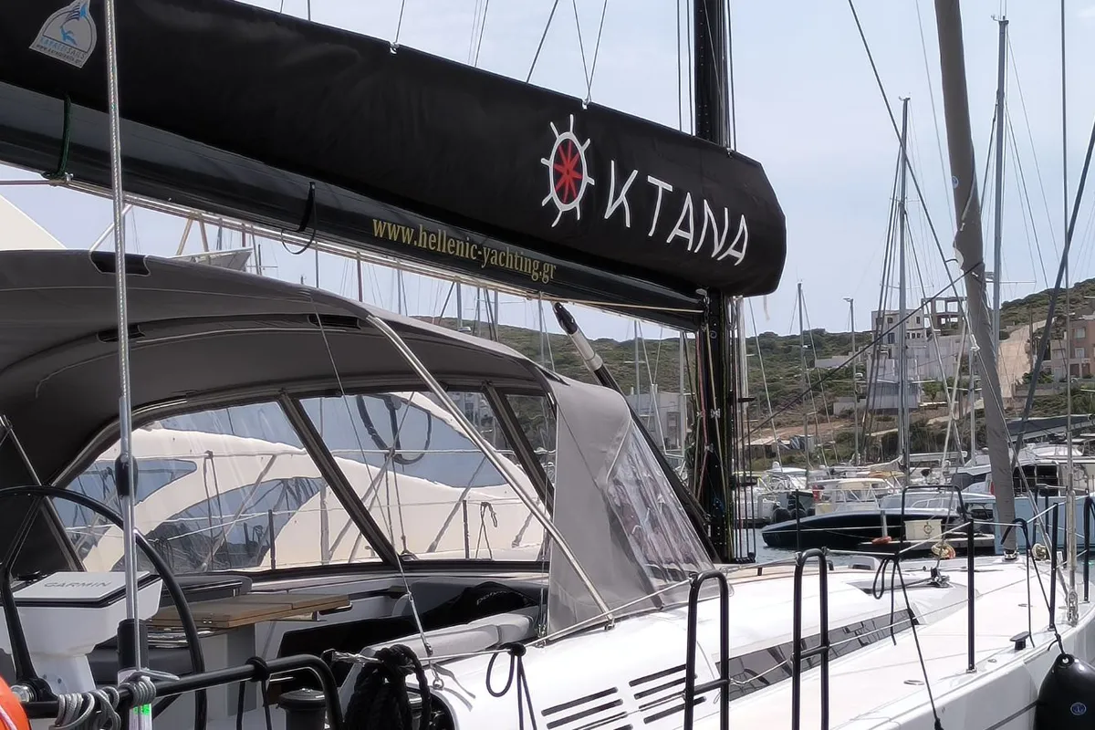 Exterior view of Oktana, a Beneteau First 53 sailboat at Lavrion, Greece