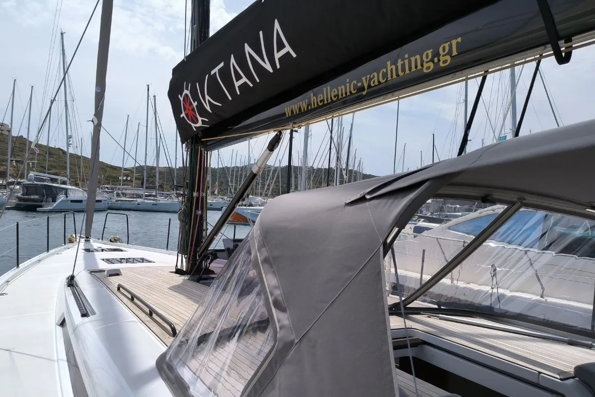 Exterior view of Oktana, a Beneteau First 53 sailboat at Lavrion, Greece