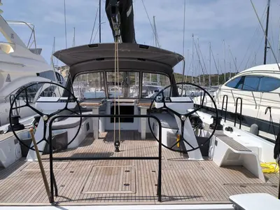 Cockpit of Oktana, a Beneteau First 53 sailboat at Lavrion, Greece