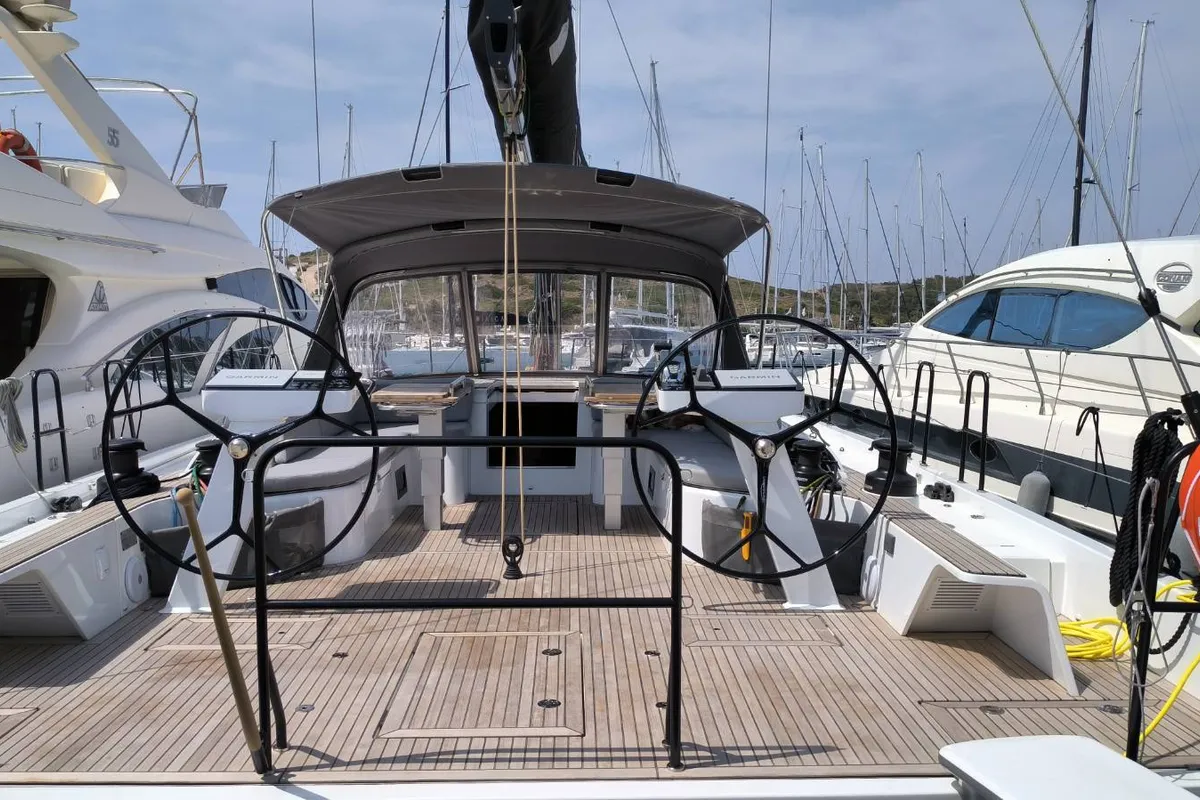 Cockpit of Oktana, a Beneteau First 53 sailboat at Lavrion, Greece