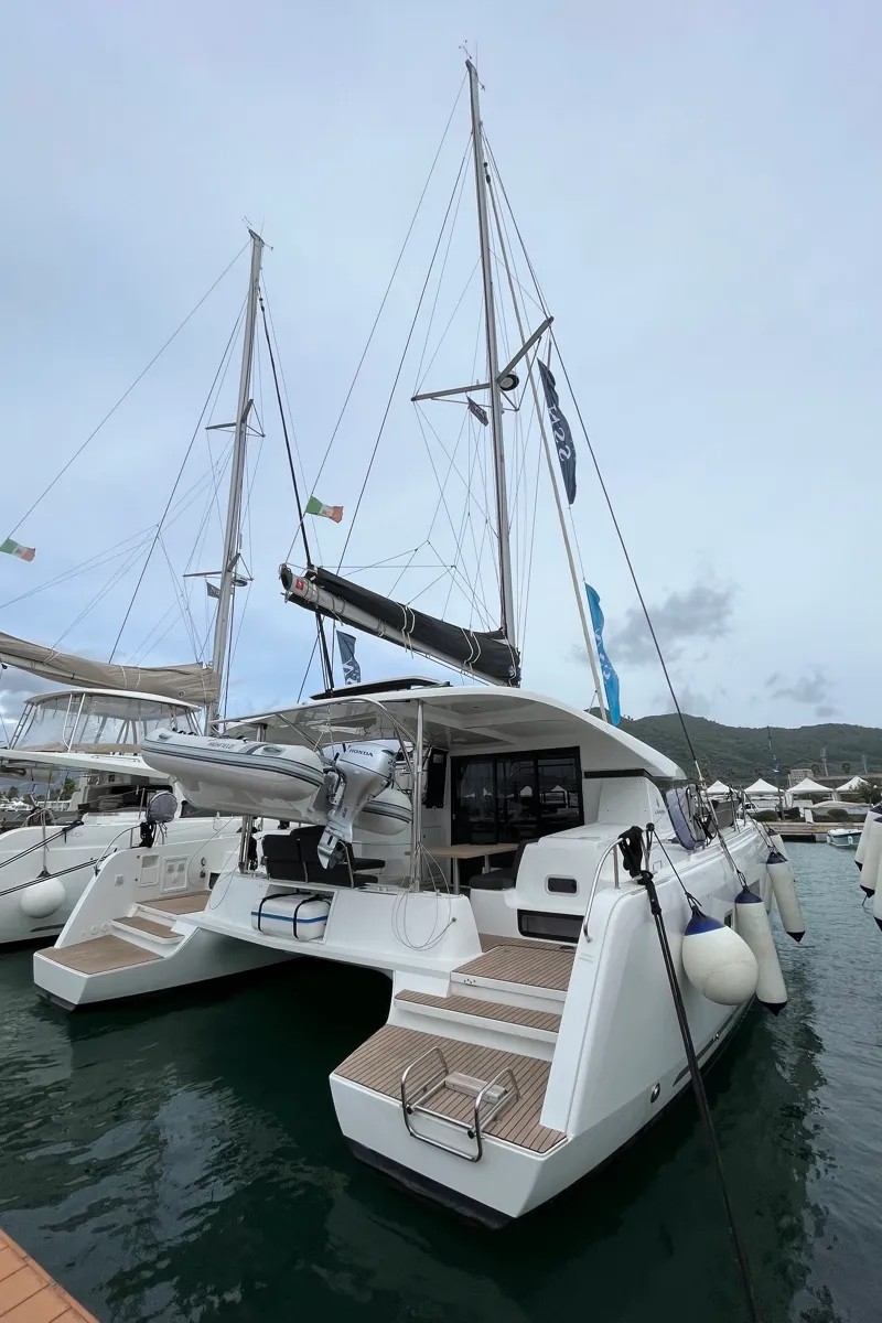 Exterior view of Amlad, a Lagoon 42 catamaran at Salerno, Italy