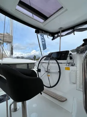Cockpit of Amlad, a Lagoon 42 catamaran at Salerno, Italy