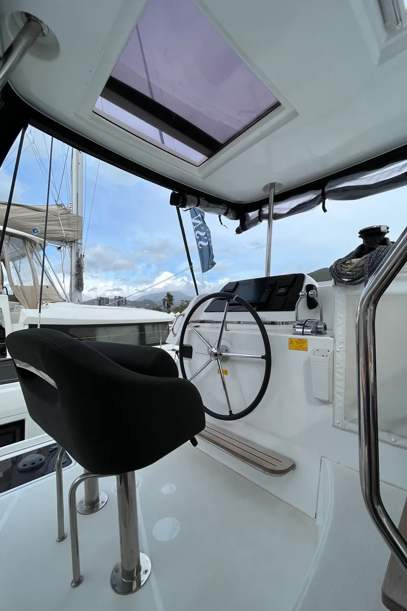 Cockpit of Amlad, a Lagoon 42 catamaran at Salerno, Italy