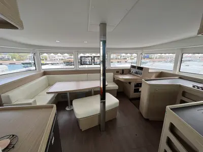 Salon of Amlad, a Lagoon 42 catamaran at Salerno, Italy