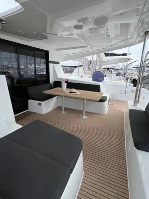 Deck of Amlad, a Lagoon 42 catamaran at Salerno, Italy