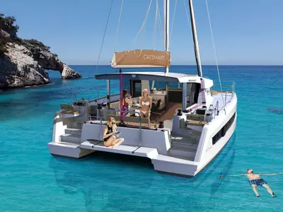 Deck of Puss in Boots, a Bali Catsmart catamaran at Roche Caiman, Seychelles