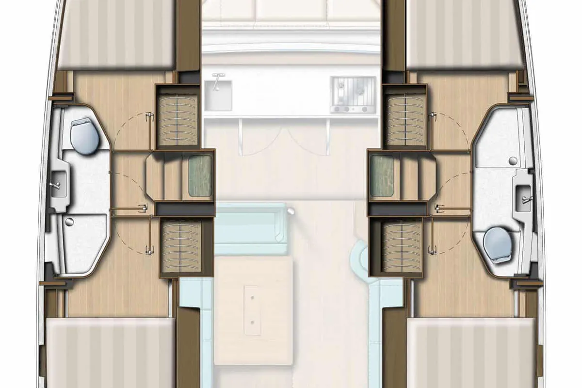 Floor plan of Puss in Boots, a Bali Catsmart catamaran at Roche Caiman, Seychelles