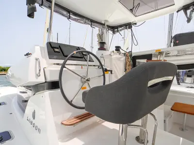 Cockpit of Panella - Premium Line, a Lagoon 42 catamaran at Olbia, Italy